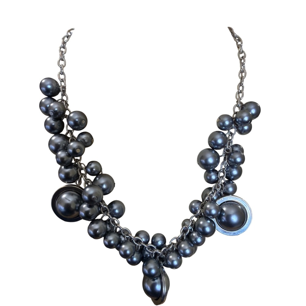 Gunmetal Grey Cluster Bead Statement Necklace Faux‎ Pearl Bib Silver Tone